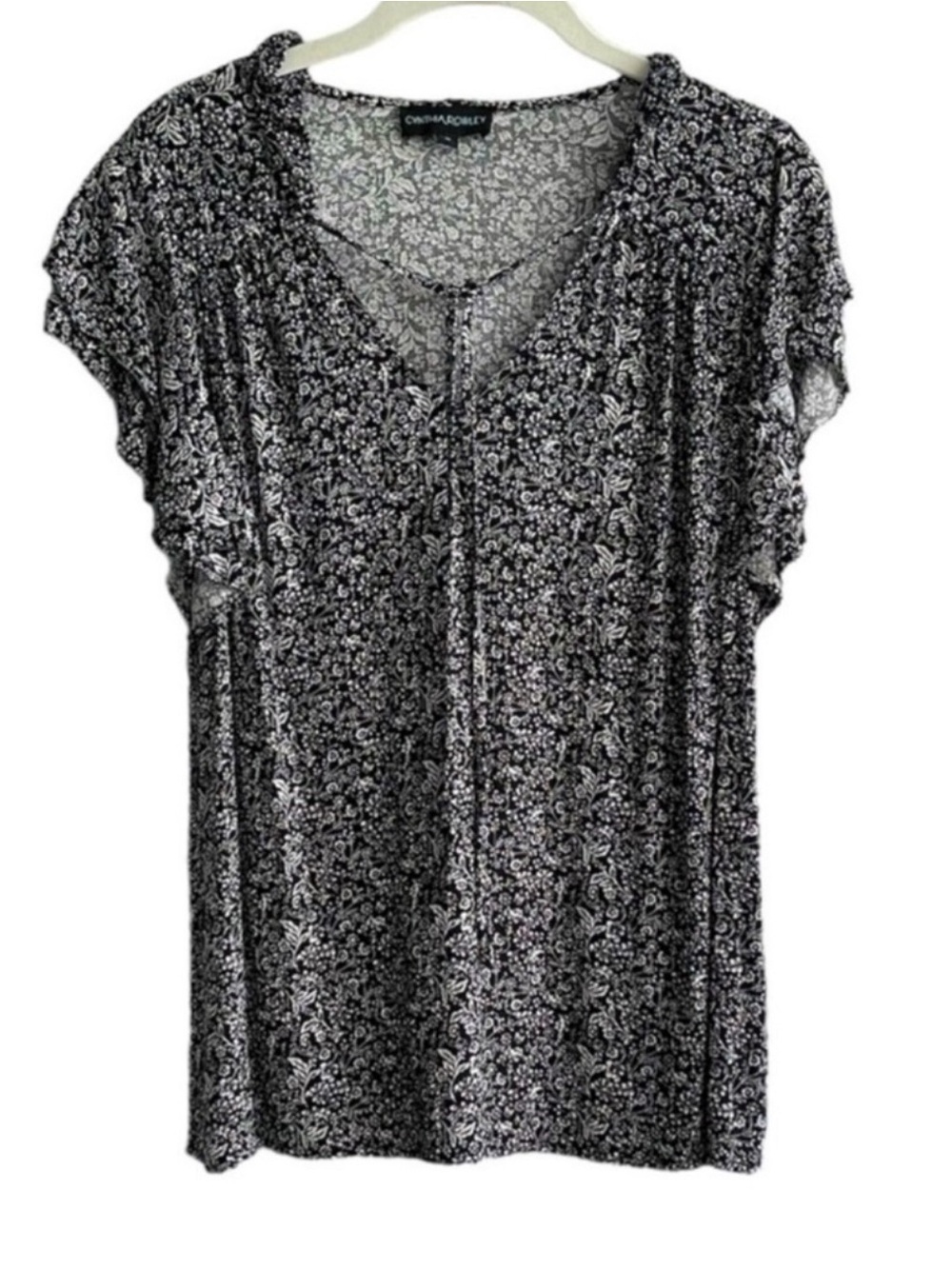 Cynthia Rowley Flutter Sleeve Blouse Split Neck Boho Floral Black White Size M